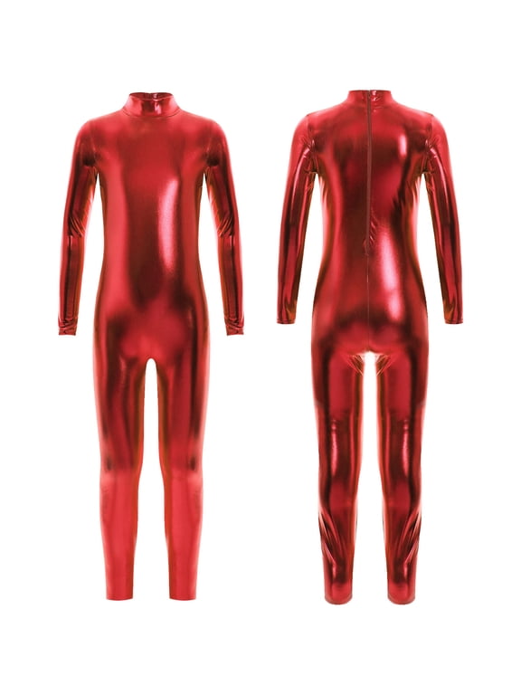 Girls Long Sleeve Shiny Metallic Jumpsuit Dance Gymnastics Leotard Bodysuits Unitard Dancewear Red 6-8