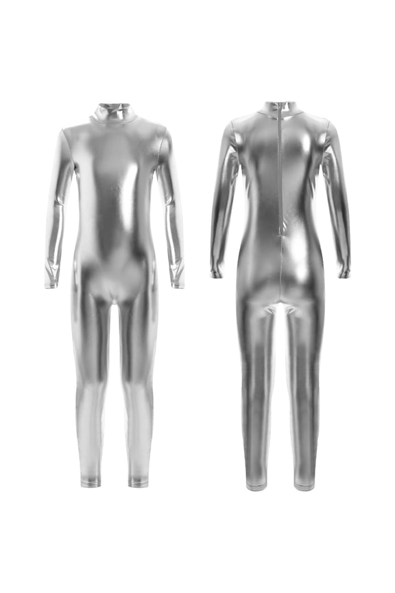 Girls Long Sleeve Shiny Metallic Jumpsuit Dance Gymnastics Leotard Bodysuits Unitard Dancewear Silver 4-6