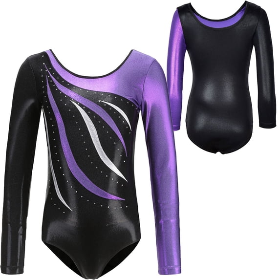 iiniim Girls Long Sleeve Shiny Waves Metallic Athletic Dance Gymnastics Leotard Unitard Activewear 2-14 A Purple 9-10