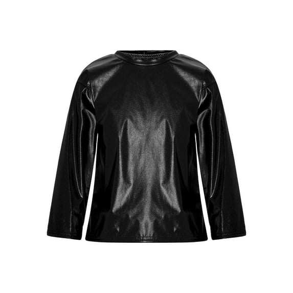 iiniim Girls Long Sleeve T-Shirt Shiny Metallic Dance Performance Tee Holographic Party Tops Dancewear Black 11-12