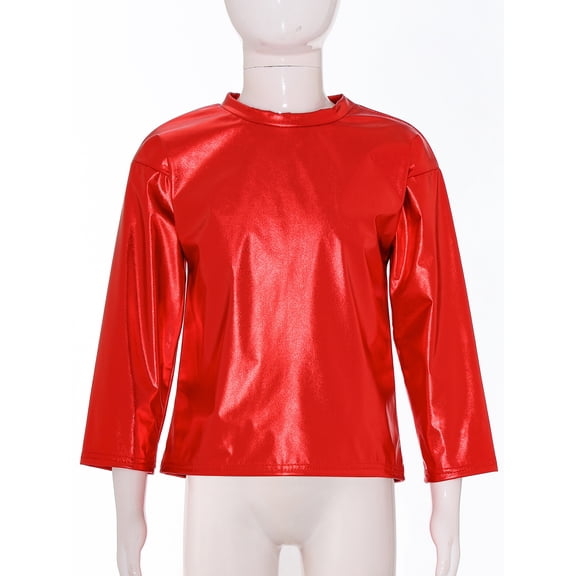 iiniim Girls Long Sleeve T-Shirt Shiny Metallic Dance Performance Tee Holographic Party Tops Dancewear Red 11-12