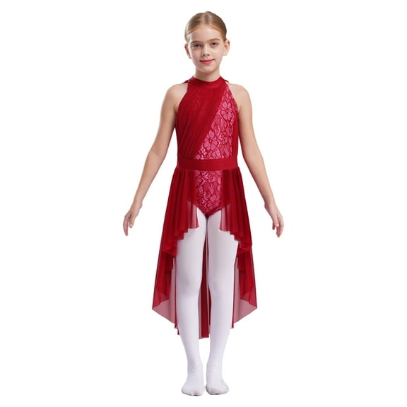 iiniim Girls Lyrical Dance Dress Halter Ruffles Cape Back Lace Floral Leotard Tailskirts Burgundy 10