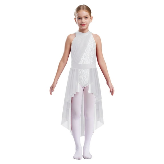 iiniim Girls Lyrical Dance Dress Halter Ruffles Cape Back Lace Floral Leotard Tailskirts White 10