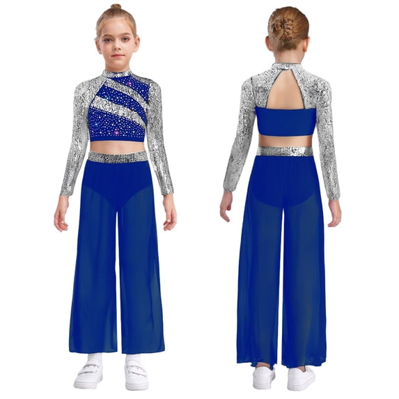 iiniim Girls Lyrical Dance Dresses 2PCS Ballet Crop Top with Flowy Chiffon Pants Sequin Gymnastics Outfits Blue 8