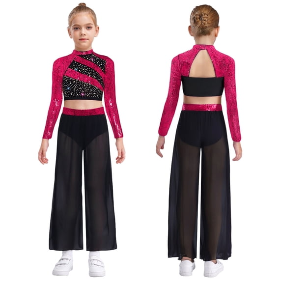 iiniim Girls Lyrical Dance Dresses 2PCS Ballet Crop Top with Flowy Chiffon Pants Sequin Gymnastics Outfits Hot Pink 10