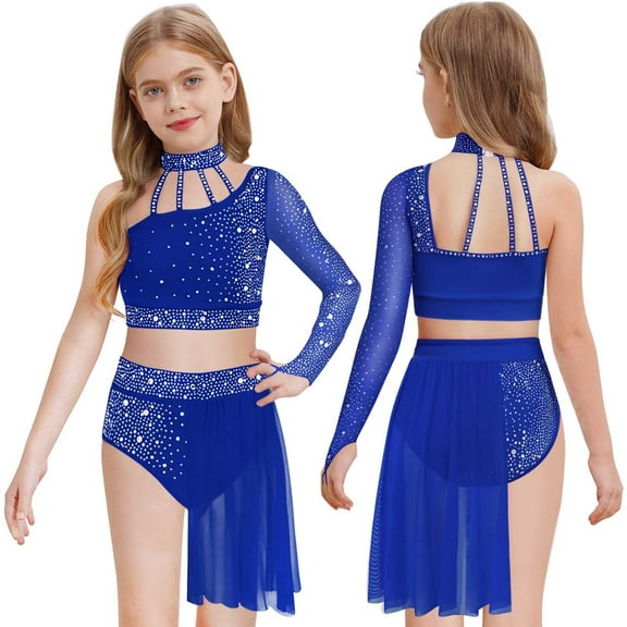 iiniim Girls Lyrical Dance Glittery Crop Top with Split Skirted Leotard 2 Piece Outfit Ballroom Dancewear Blue 6