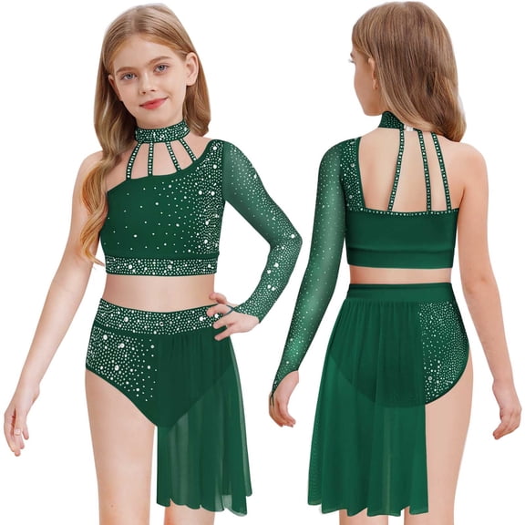 iiniim Girls Lyrical Dance Glittery Crop Top with Split Skirted Leotard 2 Piece Outfit Ballroom Dancewear Dark Green 14