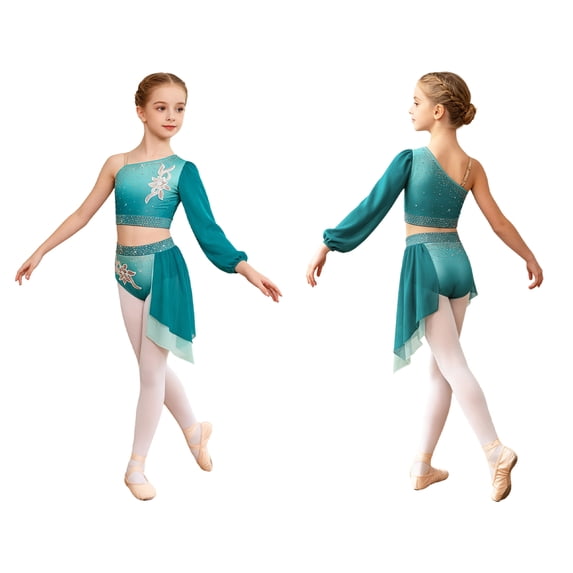iiniim Girls Lyrical Dance Outfit One Shoulder Long Puff Sleeve Crop Top With Applique Asymmetrical Skirt Set Green 6