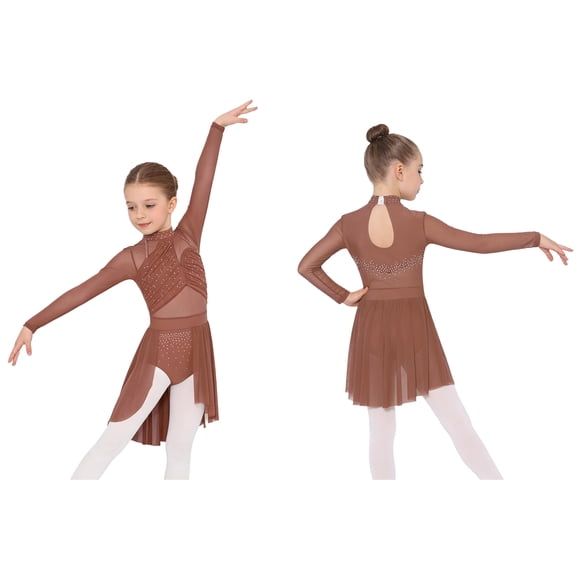 iiniim Girls Lyrical Dance Rhinestone Ballet Gymnastics Leotard Skating Dress Contemporary Dancewear Dusty Pink 6