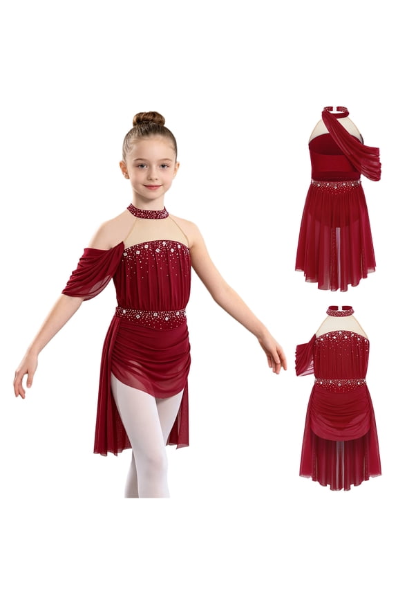 Girls Lyrical Dance Sparkly Rhinestones Figure Skating Mesh Ruched Hi-Lo Ballet Skirted Leotard Dress Burgundy 6