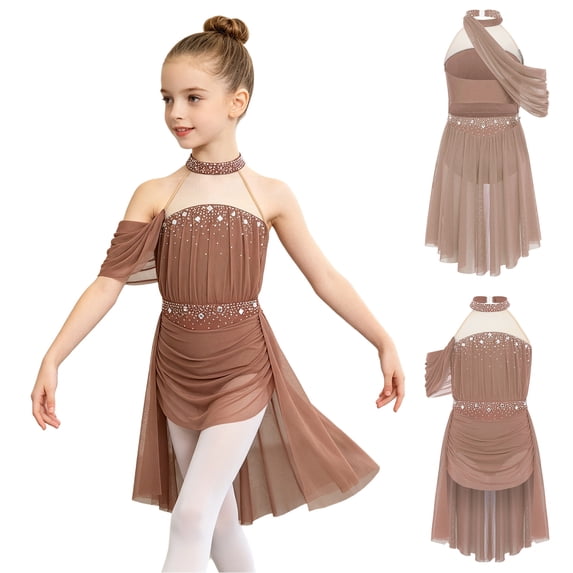 iiniim Girls Lyrical Dance Sparkly Rhinestones Figure Skating Mesh Ruched Hi-Lo Ballet Skirted Leotard Dress Dusty Pink 6
