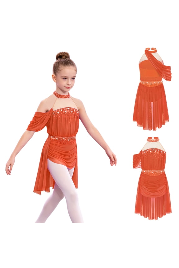 Girls Lyrical Dance Sparkly Rhinestones Figure Skating Mesh Ruched Hi-Lo Ballet Skirted Leotard Dress Orange 16