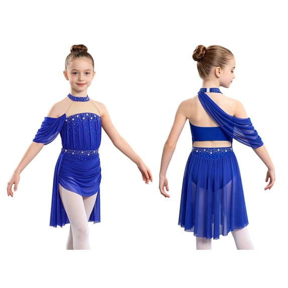iiniim Girls Lyrical Dance Sparkly Rhinestones Figure Skating Mesh Ruched Hi-Lo Ballet Skirted Leotard Dress Royal Blue 14