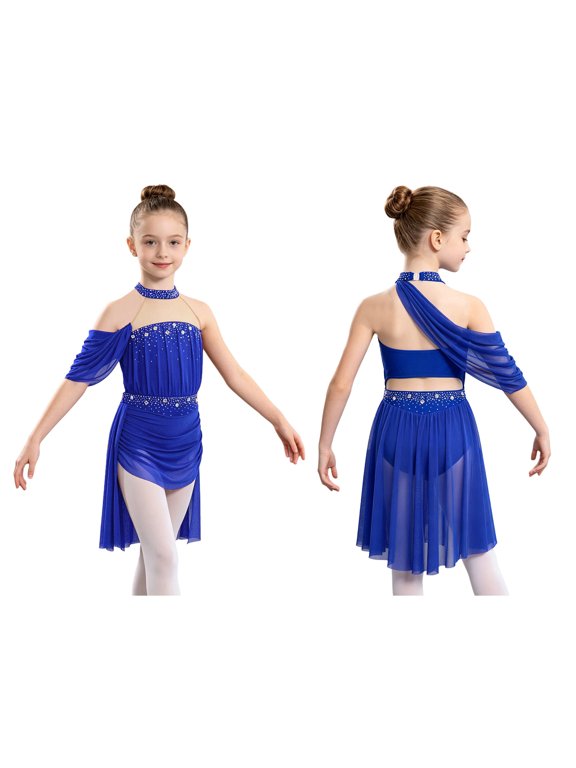 Girls Lyrical Dance Sparkly Rhinestones Figure Skating Mesh Ruched Hi-Lo Ballet Skirted Leotard Dress Royal Blue 6