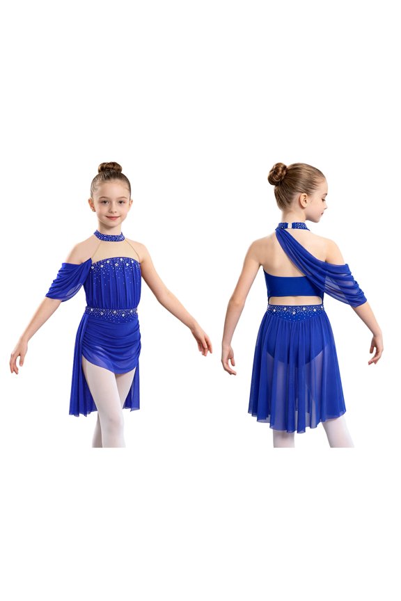 Girls Lyrical Dance Sparkly Rhinestones Figure Skating Mesh Ruched Hi-Lo Ballet Skirted Leotard Dress Royal Blue 6
