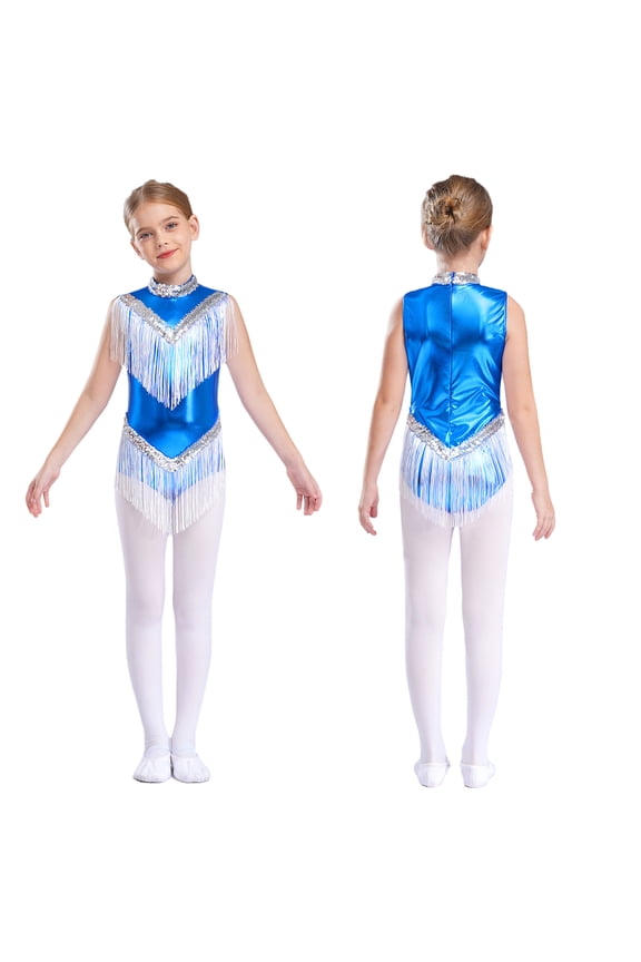 Girls Lyrical Gymnastics Leotards Dance Sleeveless Tassels Zipper Jumpsuits Ballerina Costume Blue 6