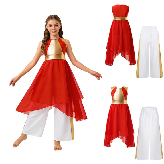 iiniim Girls Lyrical Praise Dance Tunic with Loose Pants 2 Piece Outfit Metallic Liturgical Worship Dress Red&White 6
