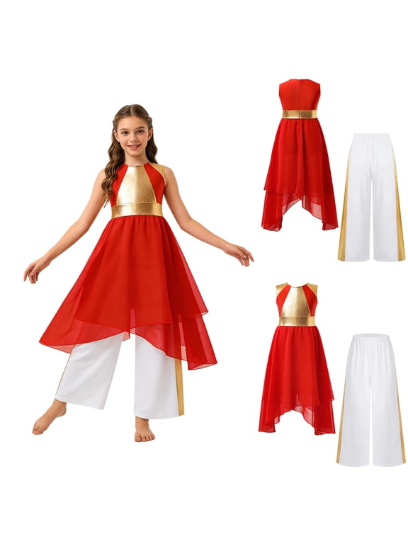 Girls Lyrical Praise Dance Tunic with Loose Pants 2 Piece Outfit Metallic Liturgical Worship Dress Red&White 6