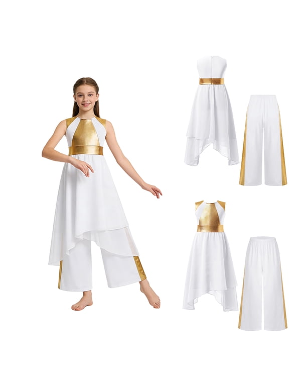 Girls Lyrical Praise Dance Tunic with Loose Pants 2 Piece Outfit Metallic Liturgical Worship Dress White 6