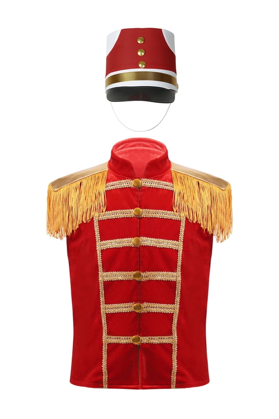 Girls Marching Band Suit Vest Fringe Drummer Parade Waistcoat Hat Set Red A 16