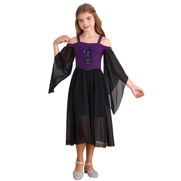 iiniim Girls Medieval Renaissance Flare Long Sleeve Cold Shoulder Steampunk Gothic Victorian Corset Dress Purple 12