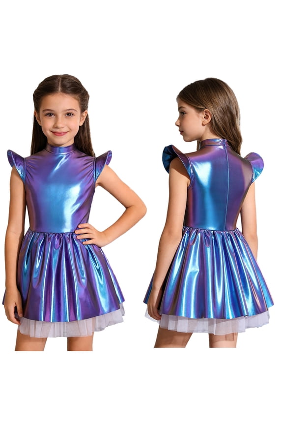 Girls Metallic Alien Mock Neck Flying Sleeve Ruffled Tutu Dress for Space Theme Party Cosplay Colorful 6