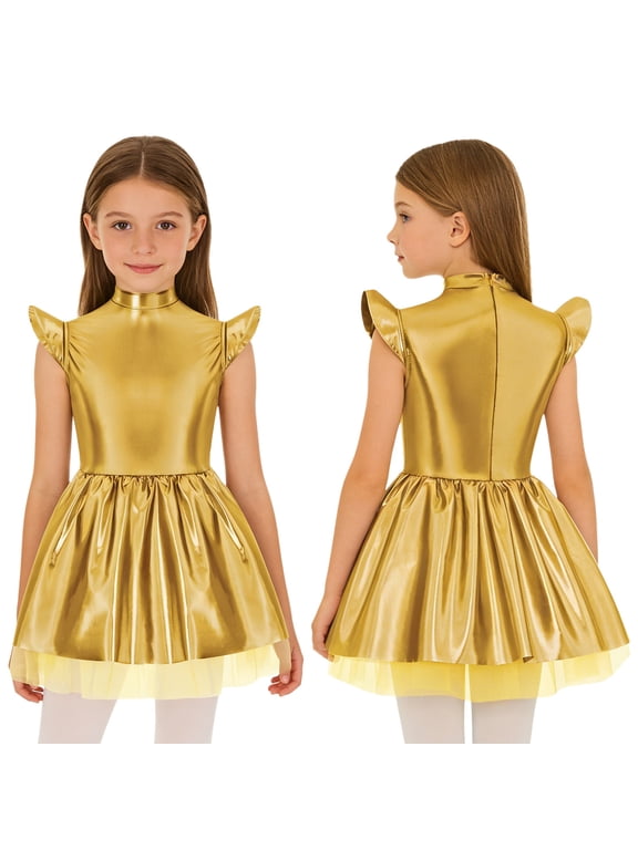 Girls Metallic Alien Mock Neck Flying Sleeve Ruffled Tutu Dress for Space Theme Party Cosplay Gold 10