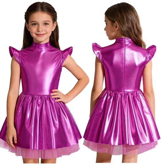 iiniim Girls Metallic Alien Mock Neck Flying Sleeve Ruffled Tutu Dress for Space Theme Party Cosplay Hot Pink 12