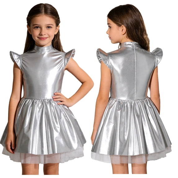 iiniim Girls Metallic Alien Mock Neck Flying Sleeve Ruffled Tutu Dress for Space Theme Party Cosplay Silver 14