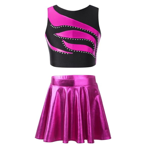 iiniim Girls Metallic Crop Top with Mini Skirt Ballet Dance Jazz Hip Hop Performance Competition Hot Pink 8