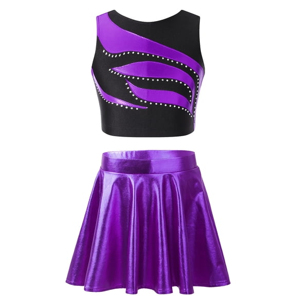 iiniim Girls Metallic Crop Top with Mini Skirt Ballet Dance Jazz Hip Hop Performance Competition Purple 8
