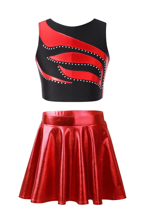 Girl's Sleeveless Ballet Dance Crop Top with Glossy Metallic Ruffle A-Line Skirt Hip Hop Jazz Latin Dancewear Red 10