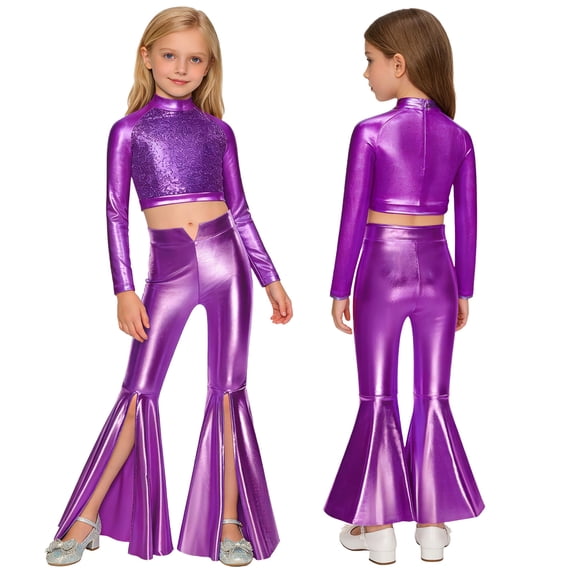 iiniim Girls Metallic Disco Hip Hop Jazz Dance Outfit Sequin Crop Top and Split Bell Bottom Pants Streetwear Purple 14