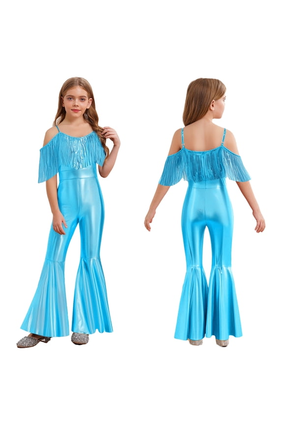 Girls Metallic Flared Pants Jumpsuit Spaghetti Straps Hippie Dance Full Body Unitard Performance Light Blue 6