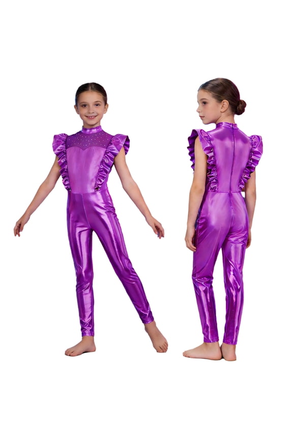 Girls Metallic Full Body Unitard Dance Leotard One Piece Bodysuit Sparkly Disco Jazz Dance Jumpsuit Purple 8