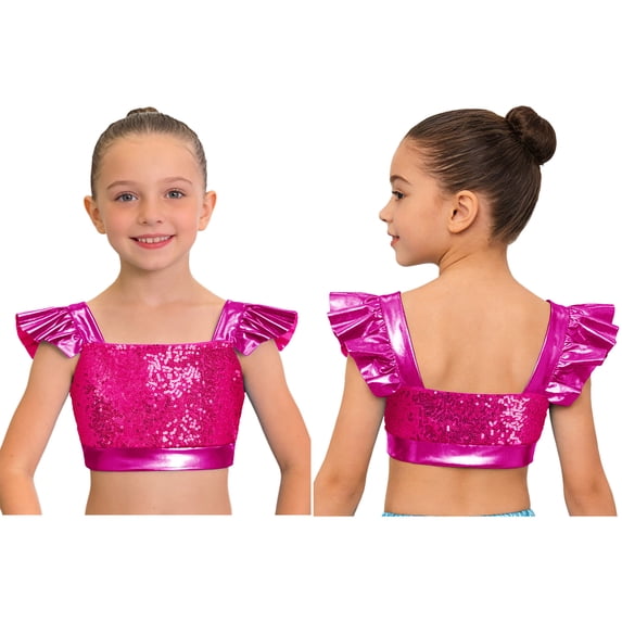 iiniim Girls Metallic Hip Hop Dance Tops Square Collar Ruffle Sleeve Ballet Shiny Jazz Performance Dancewear Hot Pink 14