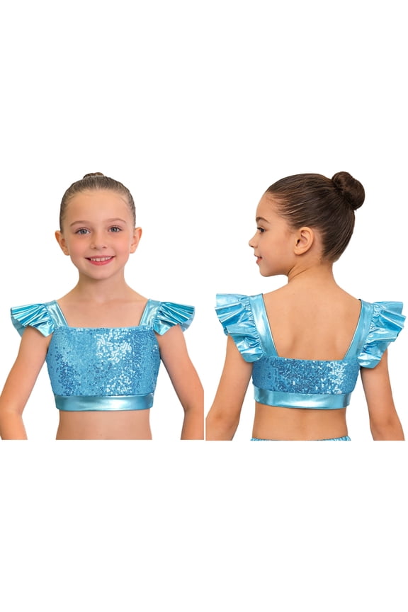 Girls Metallic Hip Hop Dance Tops Square Collar Ruffle Sleeve Ballet Shiny Jazz Performance Dancewear Light Blue 10