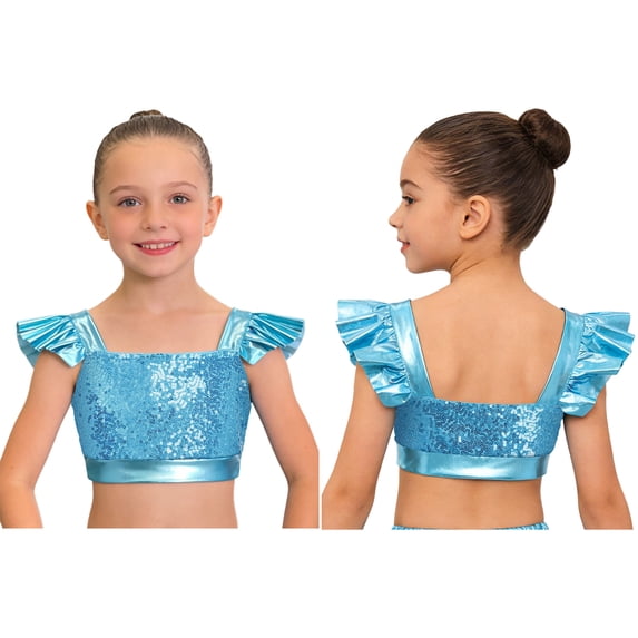 iiniim Girls Metallic Hip Hop Dance Tops Square Collar Ruffle Sleeve Ballet Shiny Jazz Performance Dancewear Light Blue 12
