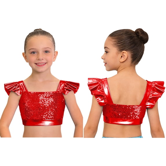 iiniim Girls Metallic Hip Hop Dance Tops Square Collar Ruffle Sleeve Ballet Shiny Jazz Performance Dancewear Red 16