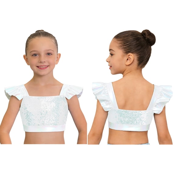iiniim Girls Metallic Hip Hop Dance Tops Square Collar Ruffle Sleeve Ballet Shiny Jazz Performance Dancewear White 12