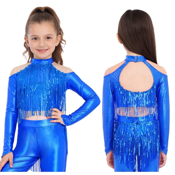 iiniim Girls Metallic Sequin Tassel Crop Top Cold Shoulder Cutout Back Long Sleeve Latin Jazz Dance Shirt Royal Blue 8