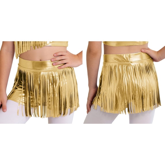 iiniim Girls Metallic Tassels Latin Dance Shorts Jazz Cha-cha Disco Party Performance Dancewear Gold 6
