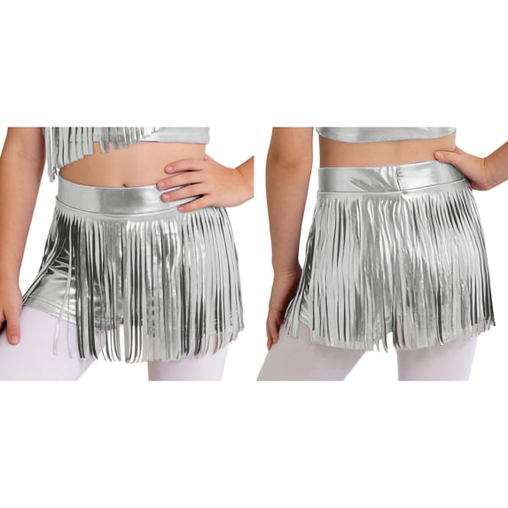 iiniim Girls Metallic Tassels Latin Dance Shorts Jazz Cha-cha Disco Party Performance Dancewear Silver 8