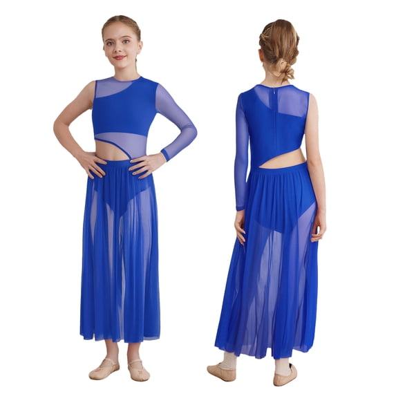 iiniim Girls Modern Lyrical Dance One Shoulder Mesh Long Sleeve Ballet Contemporary Maxi Dress Blue 10