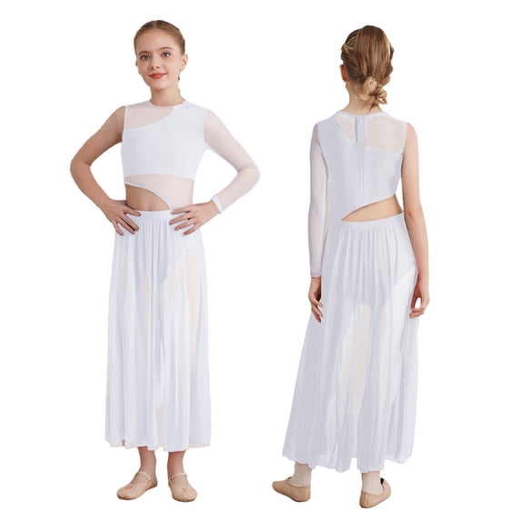 iiniim Girls Modern Lyrical Dance One Shoulder Mesh Long Sleeve Ballet Contemporary Maxi Dress White 12