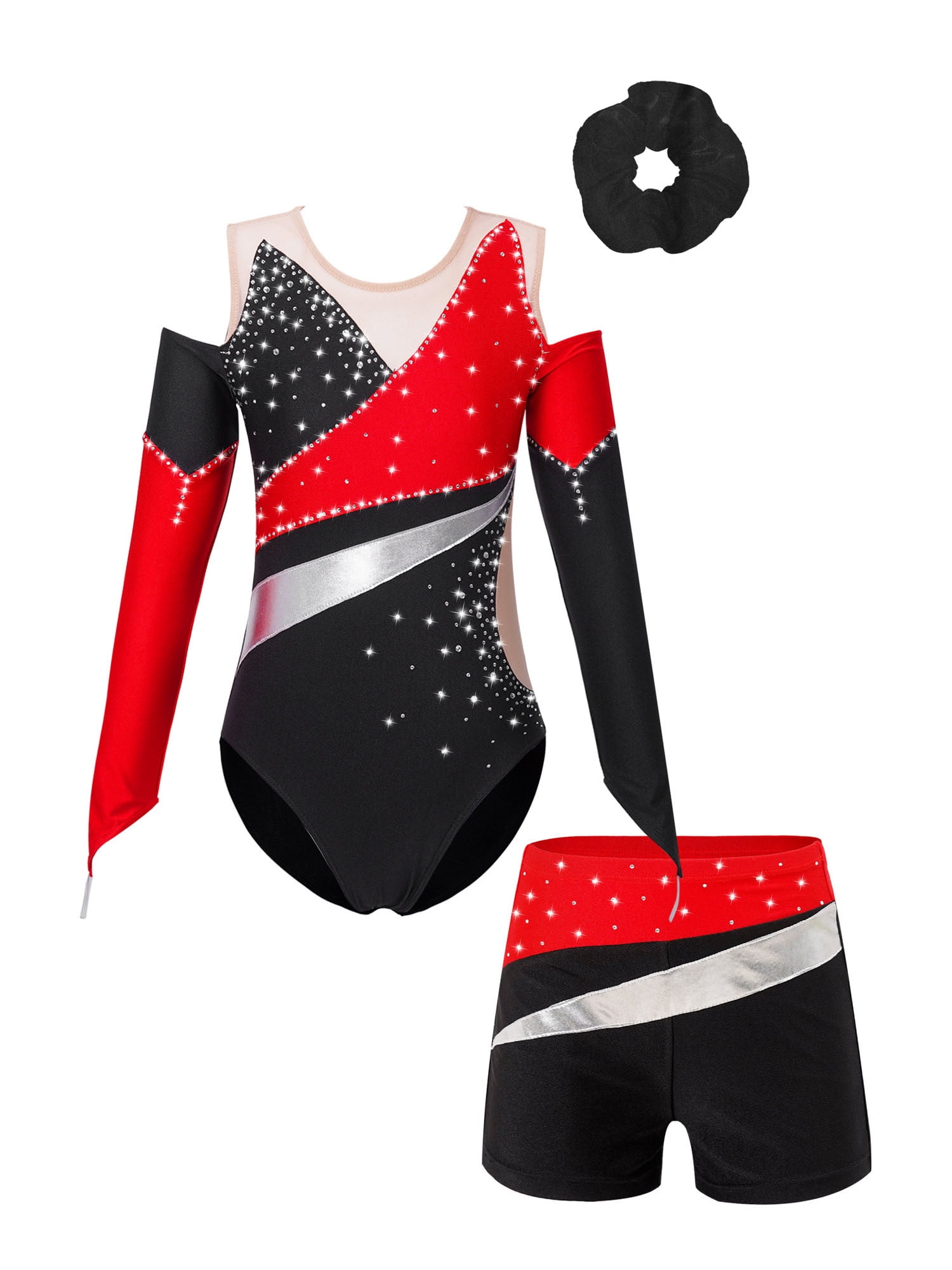 iiniim Girls Offshoulder Long Sleeve Shiny Beads Gymnastics Leotard