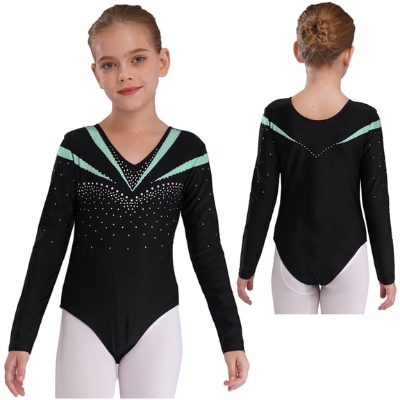 iiniim Girls One Piece Sequins Rhinestone Long Sleeve Leotards Athletics Gym Dance Unitard Bodysuit Light Green 10