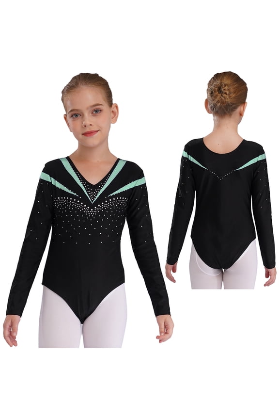 Girls One Piece Sequins Rhinestone Long Sleeve Leotards Athletics Gym Dance Unitard Bodysuit