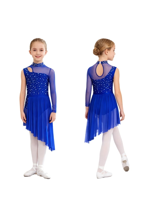 Girls One Shoulder Long Sleeve Modern Ballet Lyrical Dance Dress Skirted Leotard Performance Dancewear Blue 6