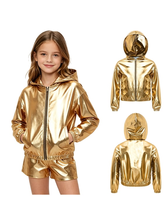 Girls Outerwear Stage Jacket Hip-hop Coat Hoodies Bomber Sparkly Tops Dancewear Gold 6